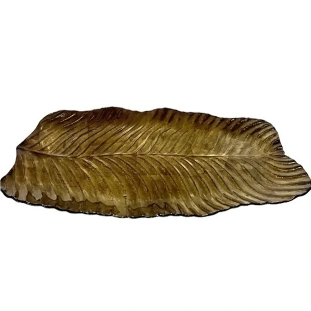Handcrafted XLarge Metallic Gold Glass Leaf Serving Catering Platter Unique Rare